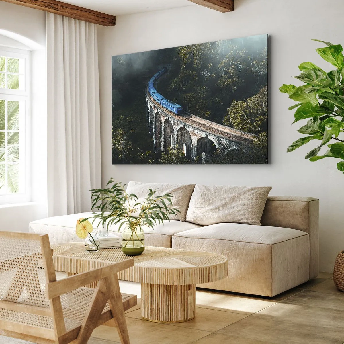 Impression sur toile - Image sur toile - Un train bleu sur un viaduc historique au milieu des forêts - 70x50cm - Train nature - Décoration murale moderne pour le salon et la chambre ARTTOR