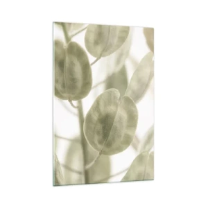 Impression sur verre - Image sur verre - Une peinture délicate de feuilles dans des tons pastel de vert sur un fond clair. - 70x100cm - Au commencement il y avait des feuilles... - Décoration murale moderne pour le salon et la chambre ARTTOR