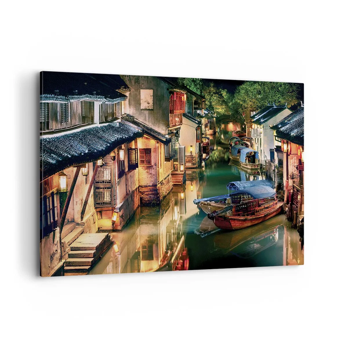 Impression sur toile - Image sur toile - Vue nocturne des canaux avec bateaux et maisons traditionnels - 120x80cm - Soirée dans une rue chinoise - Décoration murale moderne pour le salon et la chambre ARTTOR