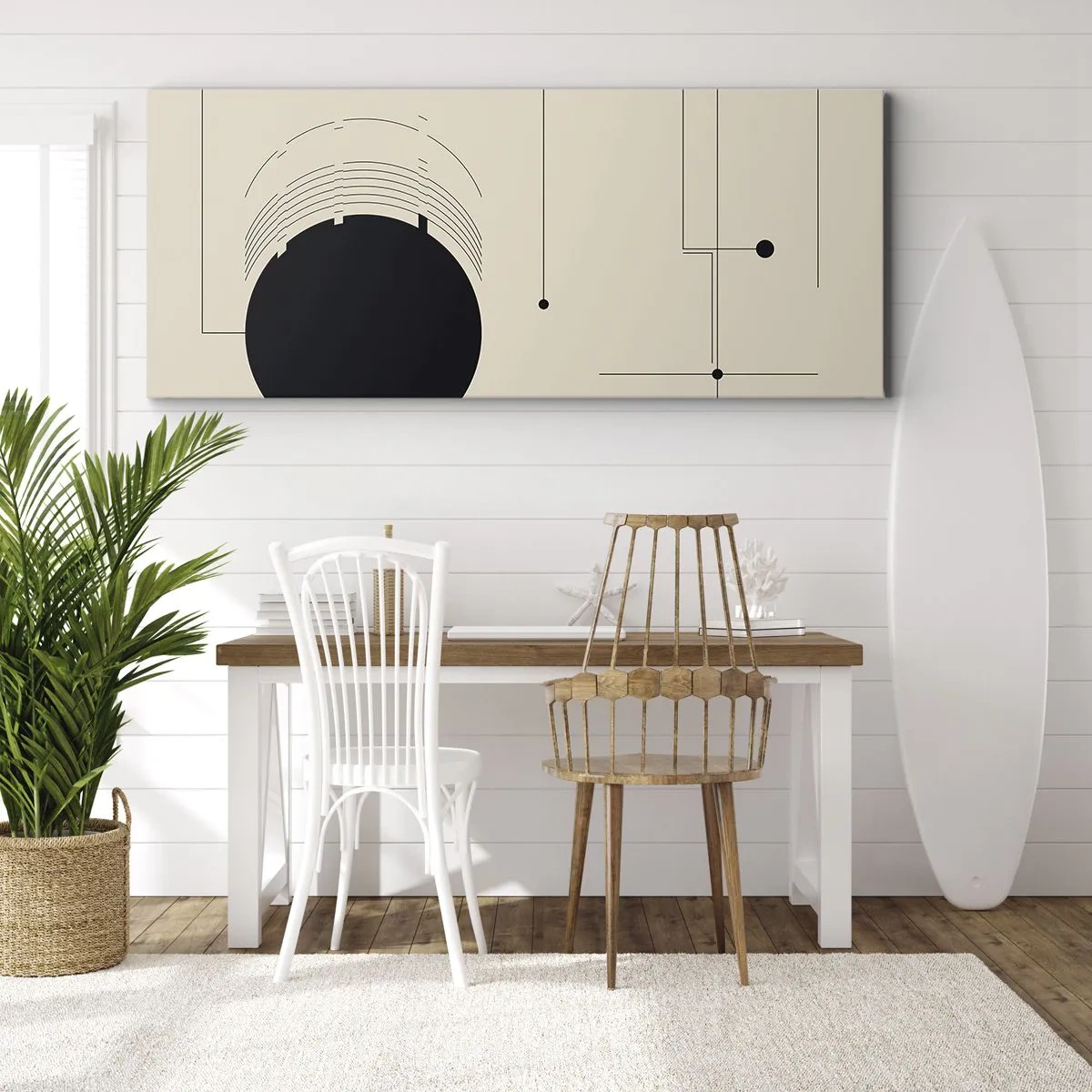 Impression sur toile - Image sur toile - Lignes géométriques noires et un cercle sur fond beige - 140x50cm - Une composition flexible et dynamique - Décoration murale moderne pour le salon et la chambre ARTTOR