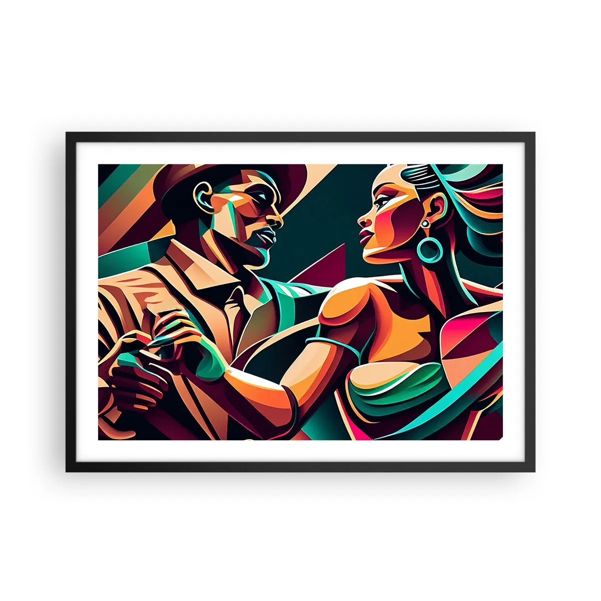 Affiche dans un cadre noir - Poster - Un couple stylisé dansant dans des couleurs vibrantes et géométriques. - 70x50cm - Au rythme du coeur - Décoration murale moderne pour le salon et la chambre ARTTOR