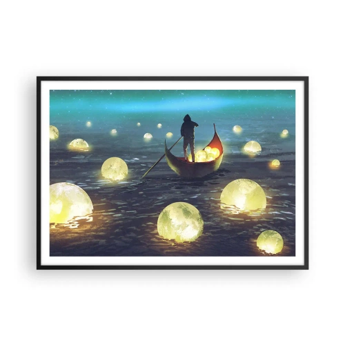 Affiche dans un cadre noir - Poster - Une silhouette dans un bateau entourée de boules lumineuses sur l'eau - 100x70cm - Des choses dont les philosophes n'ont jamais rêvé - Décoration murale moderne pour le salon et la chambre ARTTOR