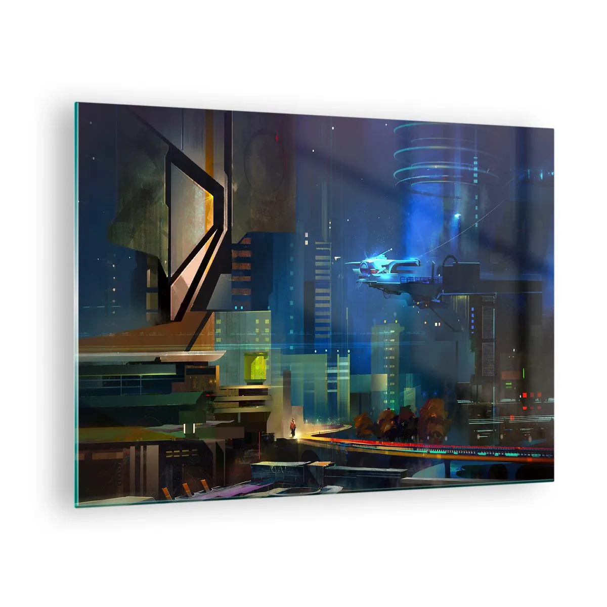 Impression sur verre - Image sur verre - Ville futuriste la nuit avec des néons et un véhicule volant - 70x50cm - Dans le futur proche - Décoration murale moderne pour le salon et la chambre ARTTOR