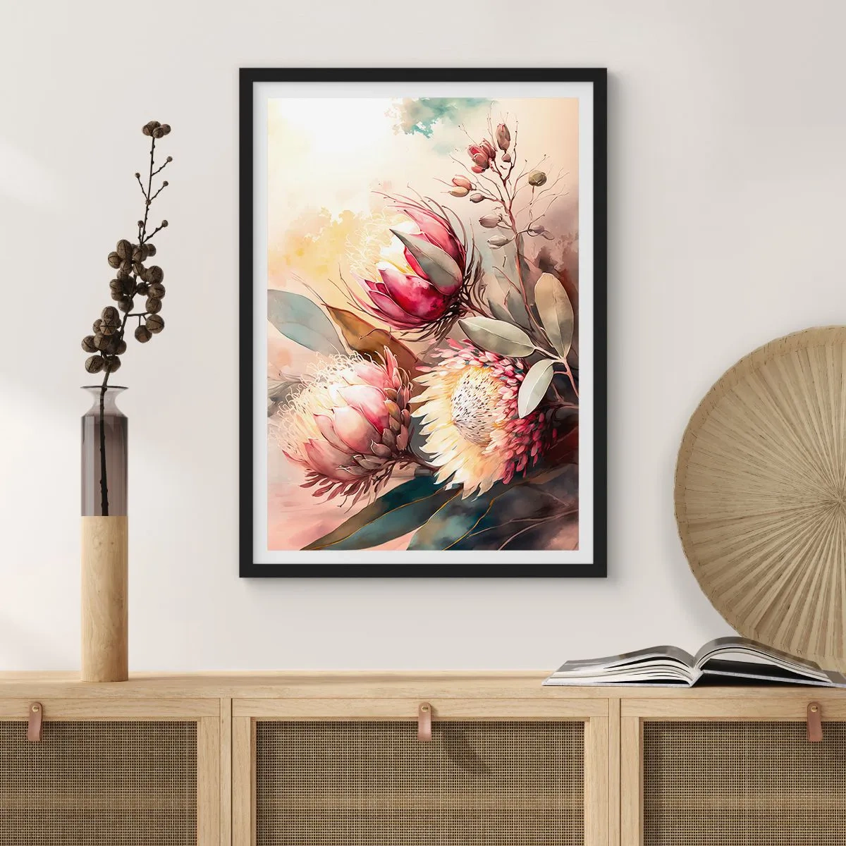 Affiche dans un cadre noir - Poster - Un bouquet de fleurs de protéa aux couleurs délicates - 50x70cm - De profil et de face - Décoration murale moderne pour le salon et la chambre ARTTOR