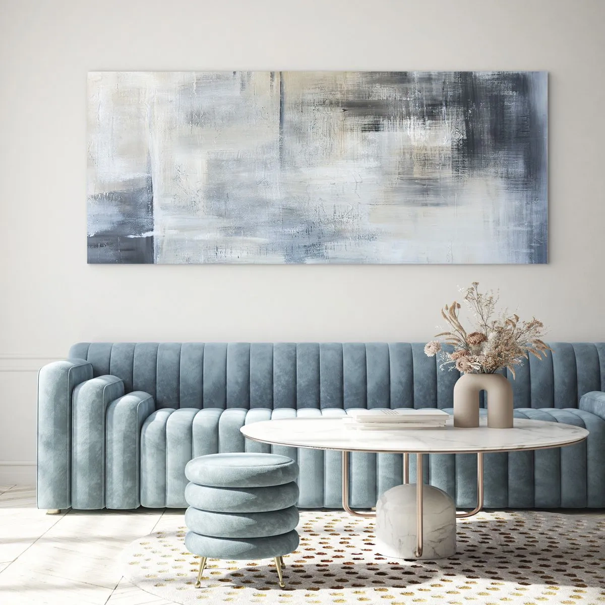 Impression sur verre - Image sur verre - Composition abstraite dans les tons de bleu et de gris - 120x50cm - Derrière le rideau bleu - Décoration murale moderne pour le salon et la chambre ARTTOR