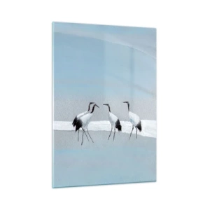 Impression sur verre - Image sur verre - Un groupe de grues sur fond de montagnes bleues et d'un coucher de soleil - 50x70cm - Après une chaude journée - Décoration murale moderne pour le salon et la chambre ARTTOR