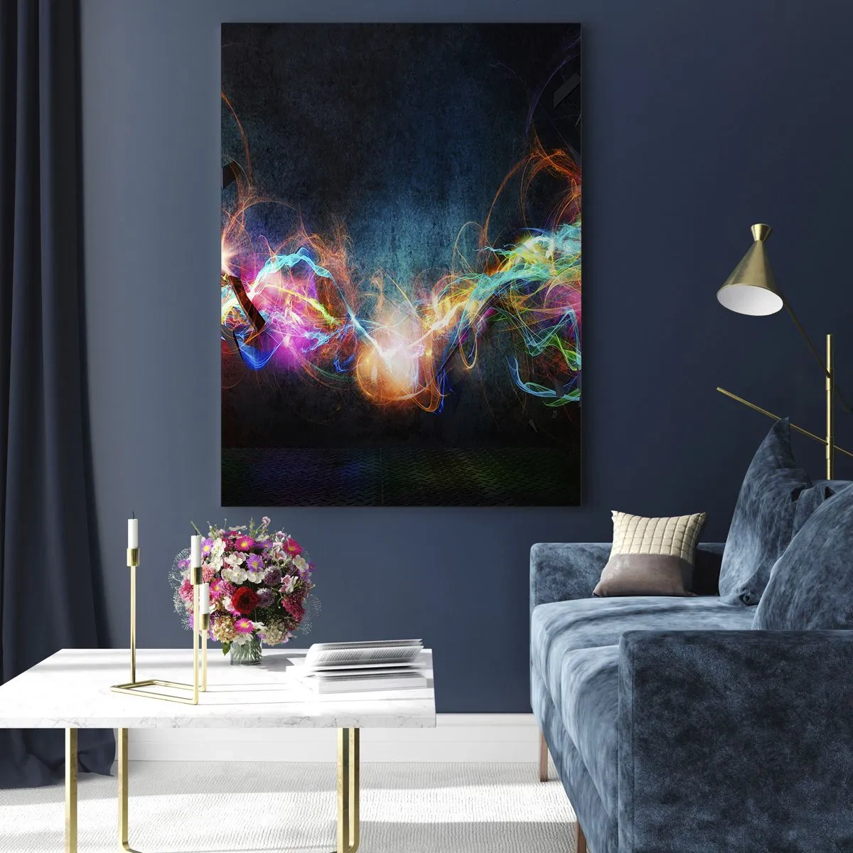 Impression sur verre - Image sur verre - Lumières abstraites et énergie colorée dans un style futuriste - 50x70cm - Joyeusement contre l'obscurité - Décoration murale moderne pour le salon et la chambre ARTTOR