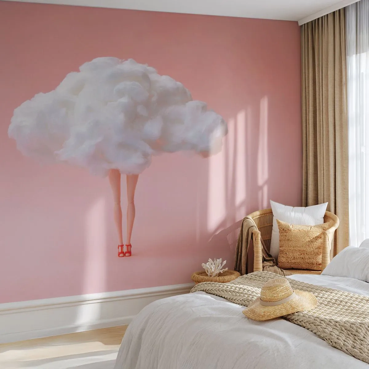 Papier Peint Photo Premium Canvas - Jambes dans un nuage sur fond rose - 100x70cm - Douce promesse - Décoration murale moderne pour le salon et la chambre ARTTOR