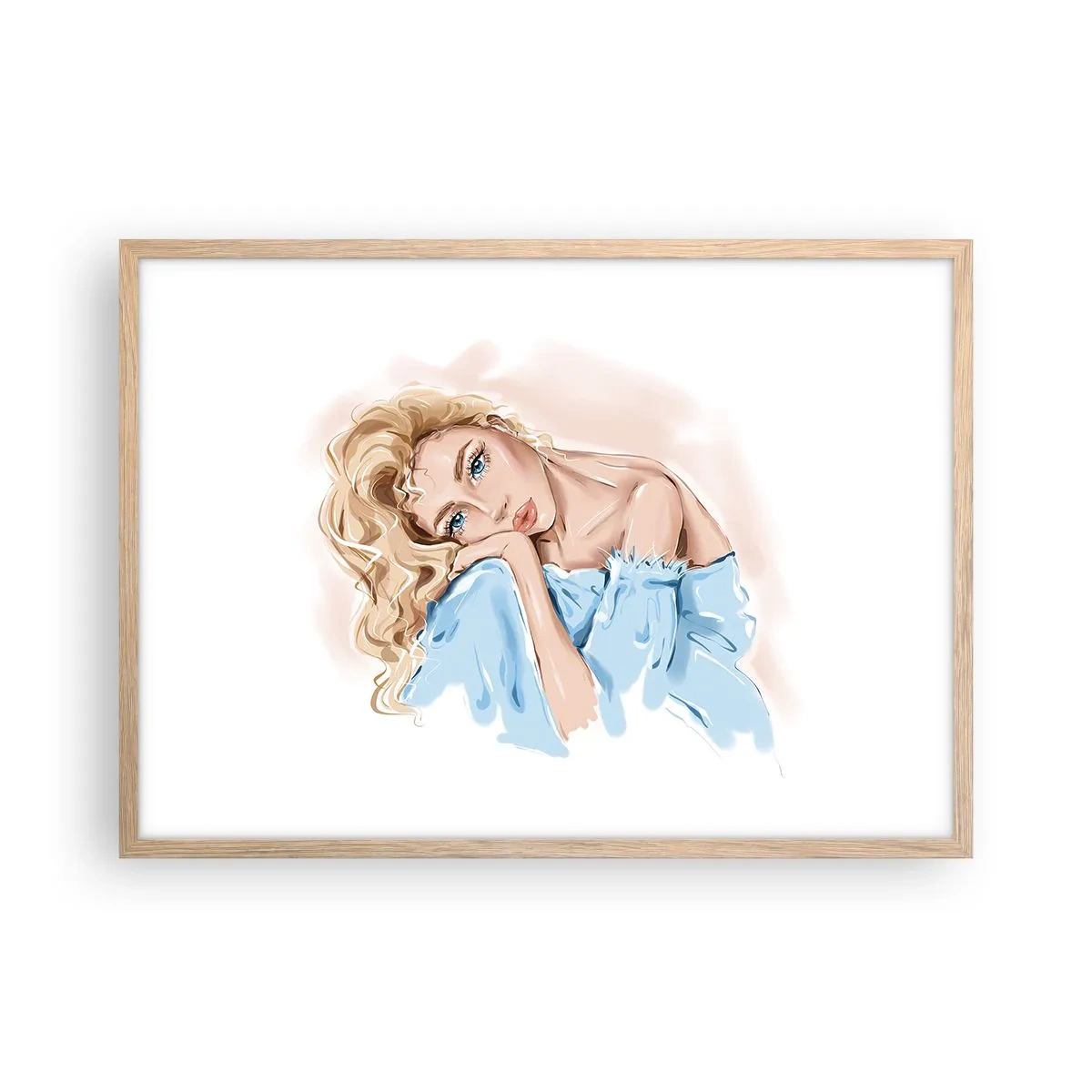 Affiche dans un chêne clair - Poster - Rêveuse en bleu - 70x50 cm