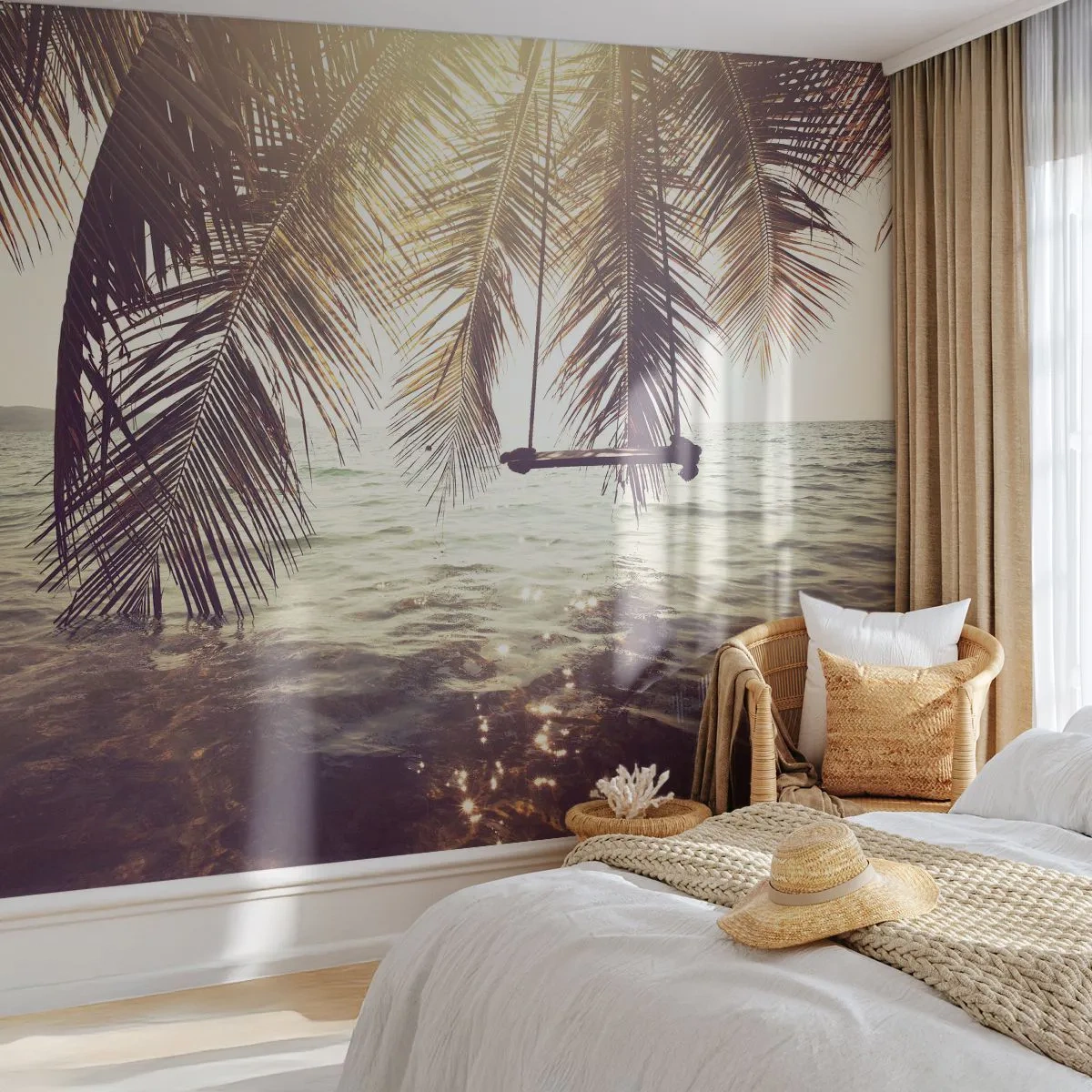 Papier Peint Photo Premium Sand - Se balancer sous les palmiers au bord de l'eau - 100x70cm - Vous pouvez vous balancer dans les nuages