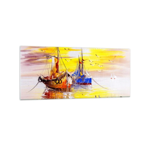 Impression sur verre - Image sur verre - Une scène picturale de bateaux sur une mer calme - 120x50cm - Un repos bien mérité au port - Décoration murale moderne pour le salon et la chambre ARTTOR
