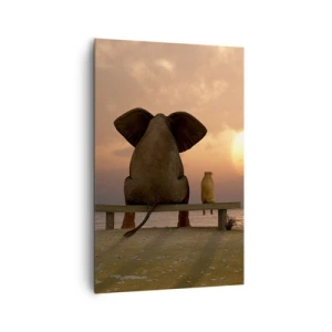 Impression sur toile - Image sur toile - Un éléphant et un chien sont assis sur un banc sur la plage au coucher du soleil. - 80x120cm - C'est bon de garder le silence ensemble - Décoration murale moderne pour le salon et la chambre ARTTOR