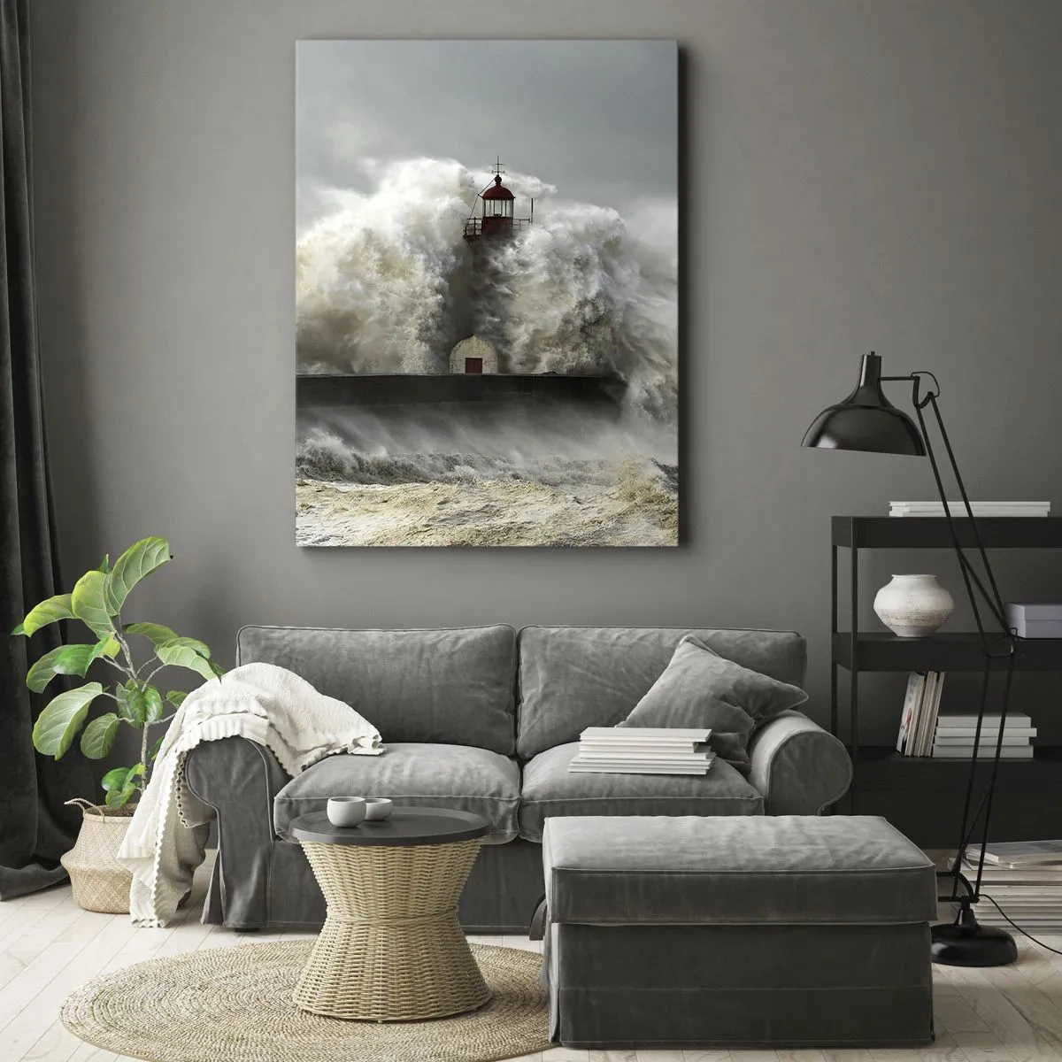 Impression sur toile - Image sur toile - Un phare entouré de vagues violentes pendant une tempête - 50x70cm - La colère de l'océan - Décoration murale moderne pour le salon et la chambre ARTTOR
