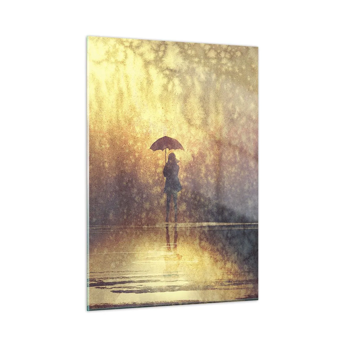 Impression sur verre - Image sur verre - Une silhouette avec un parapluie à la lumière du soleil couchant et de la pluie - 50x70cm - Je sens que quelqu'un me regarde - Décoration murale moderne pour le salon et la chambre ARTTOR