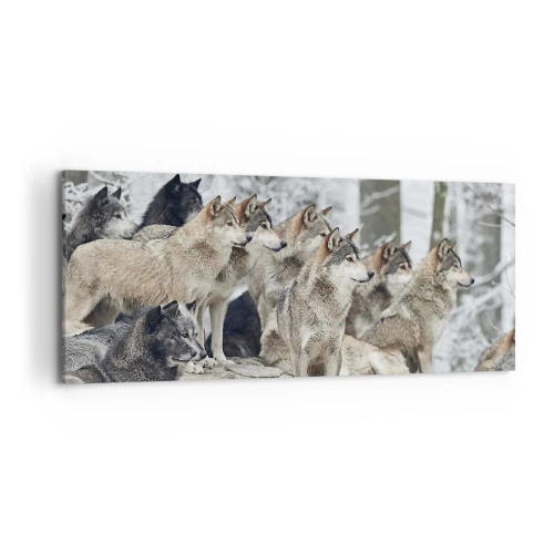 Impression sur toile - Image sur toile - Une meute de loups dans la forêt d'hiver - 120x50cm - Famille et amis - Décoration murale moderne pour le salon et la chambre ARTTOR