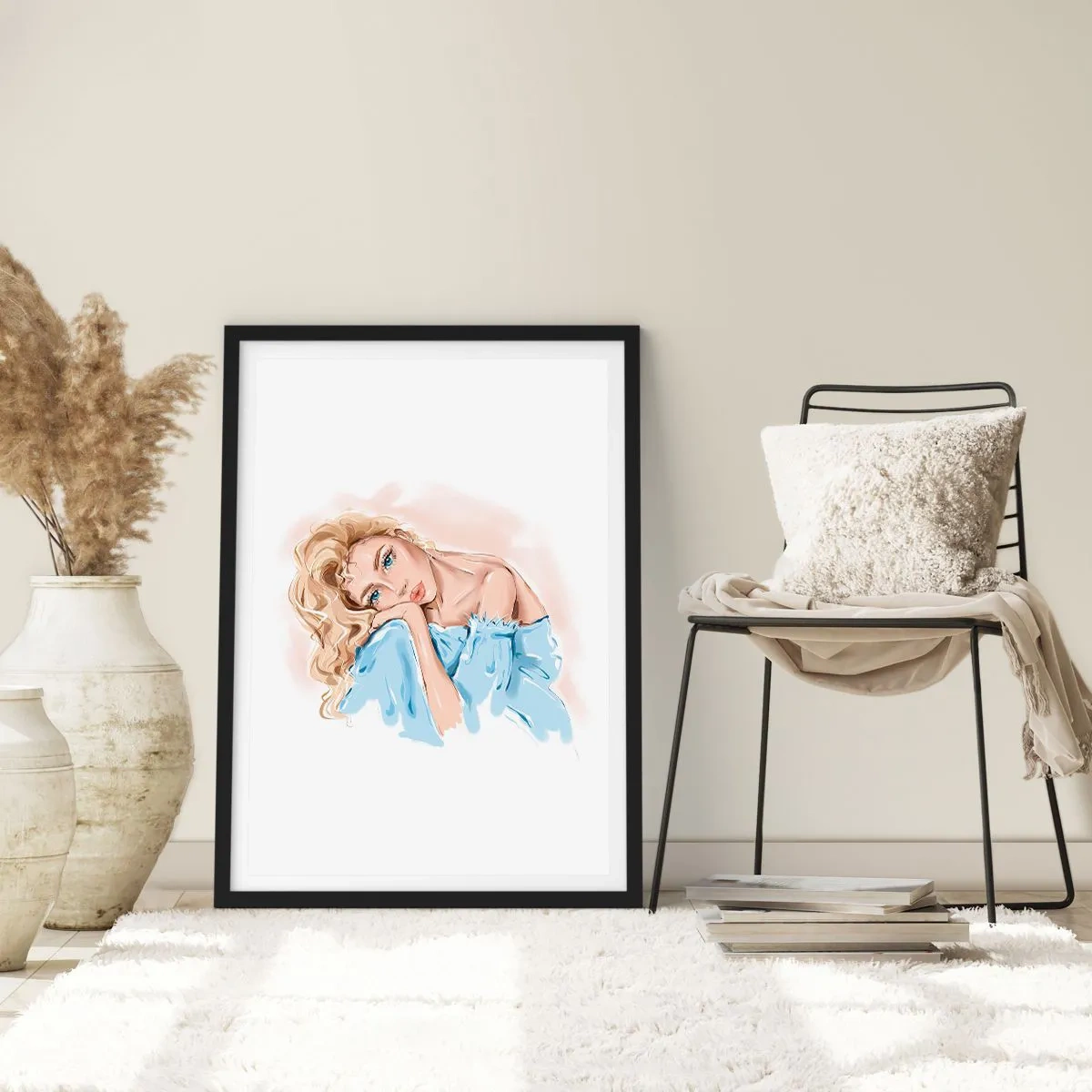 Affiche dans un cadre noir - Poster - Rêveuse en bleu - 40x50 cm