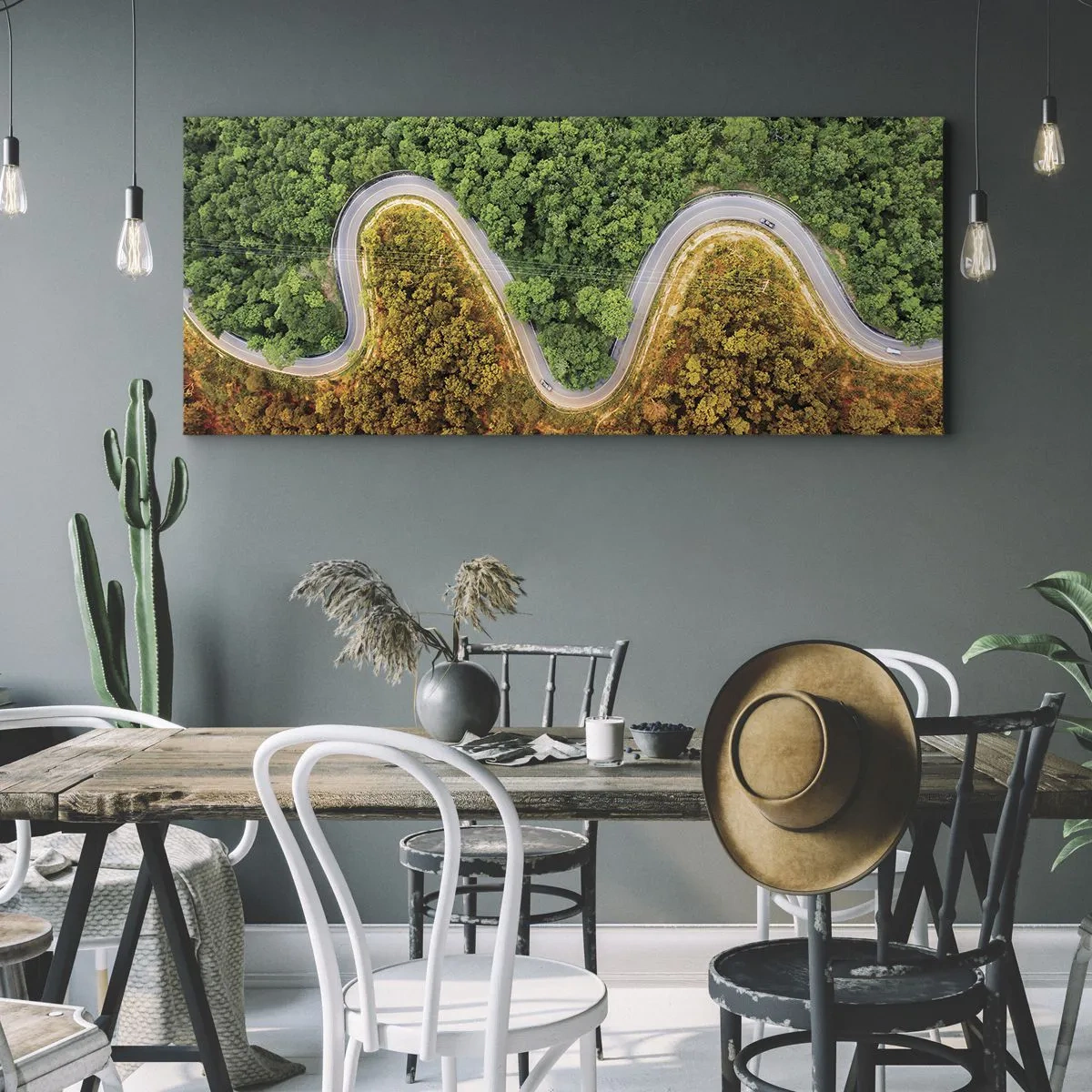 Impression sur toile - Image sur toile - Une route sinueuse à travers la forêt vue à vol d'oiseau - 160x50cm - Frontieres et differences - Décoration murale moderne pour le salon et la chambre ARTTOR