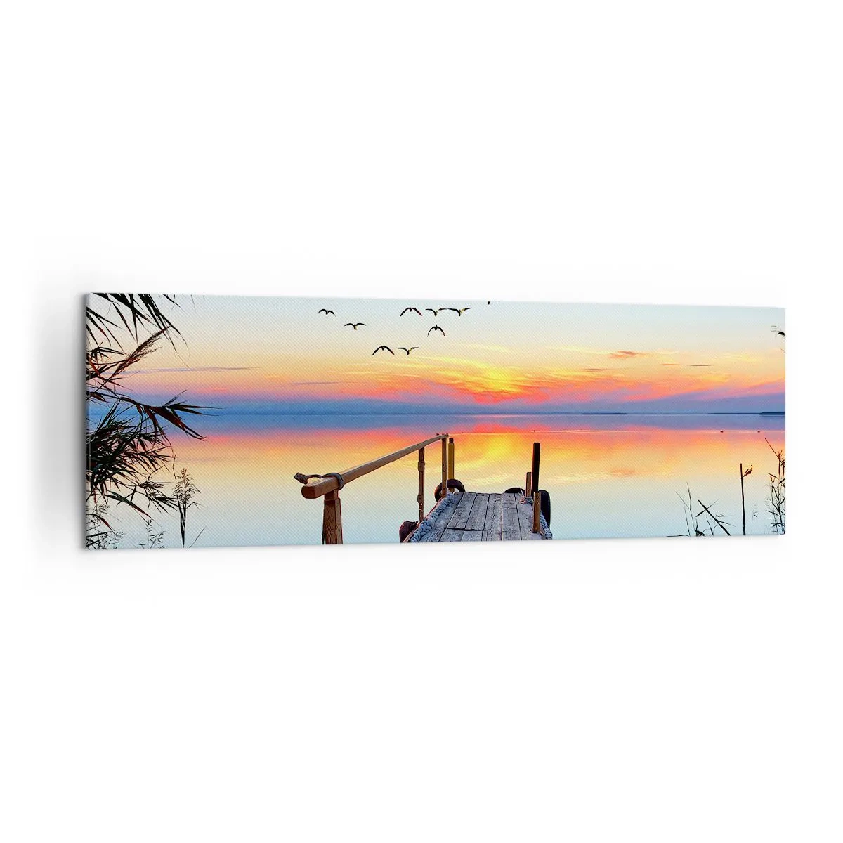Impression sur toile - Image sur toile - Jetée en bois sur le lac au coucher du soleil - 160x50cm - Il est temps de rentrer... - Décoration murale moderne pour le salon et la chambre ARTTOR