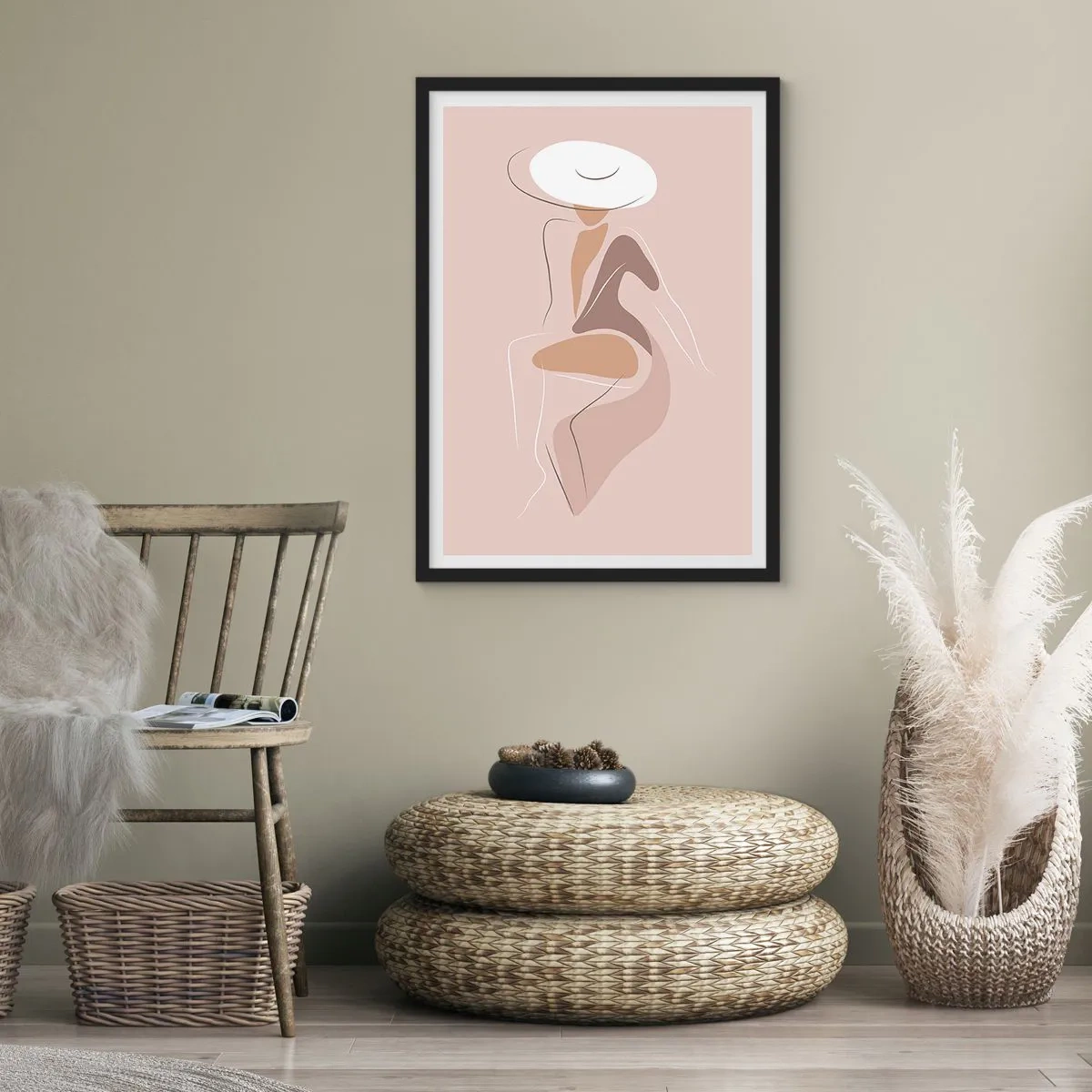 Affiche dans un cadre noir - Poster - Une image minimaliste d'une femme avec un chapeau sur fond beige. - 50x70cm - Être une dame - Décoration murale moderne pour le salon et la chambre ARTTOR