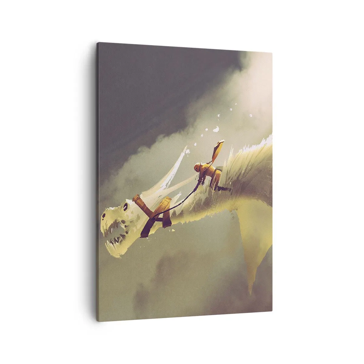 Impression sur toile - Image sur toile - Illustration d'un cavalier de dragon dans un paysage nuageux fantastique - 50x70cm - Le monde à la rescousse - Décoration murale moderne pour le salon et la chambre ARTTOR