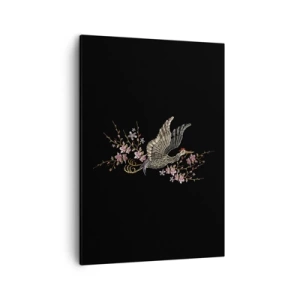Impression sur toile - Image sur toile - Un oiseau en vol avec des fleurs sur fond noir - 50x70cm - Oiseau brodé exotique - Décoration murale moderne pour le salon et la chambre ARTTOR