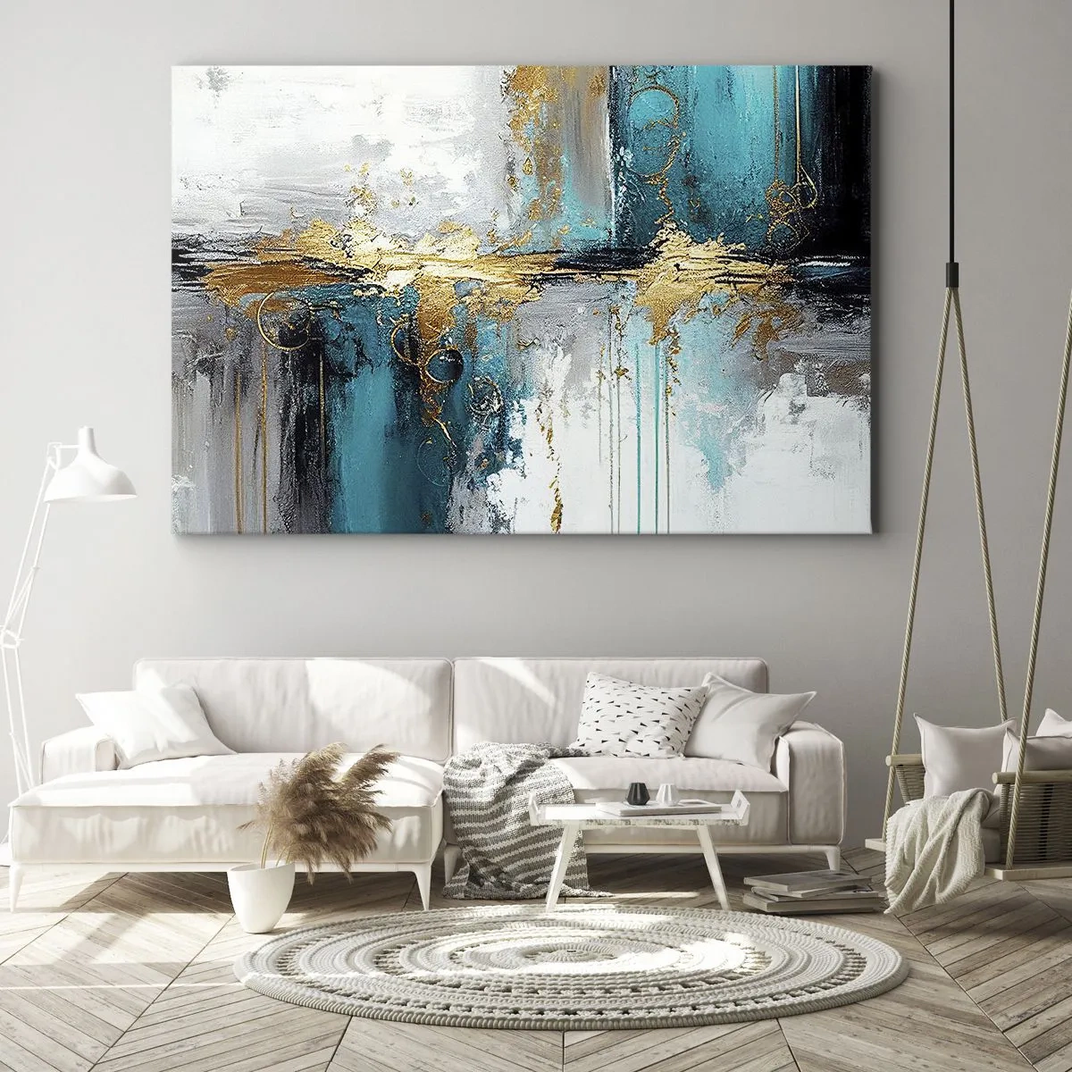 Impression sur toile - Image sur toile - Une composition abstraite aux accents turquoise et dorés. - 70x50cm - Tout coule - Décoration murale moderne pour le salon et la chambre ARTTOR