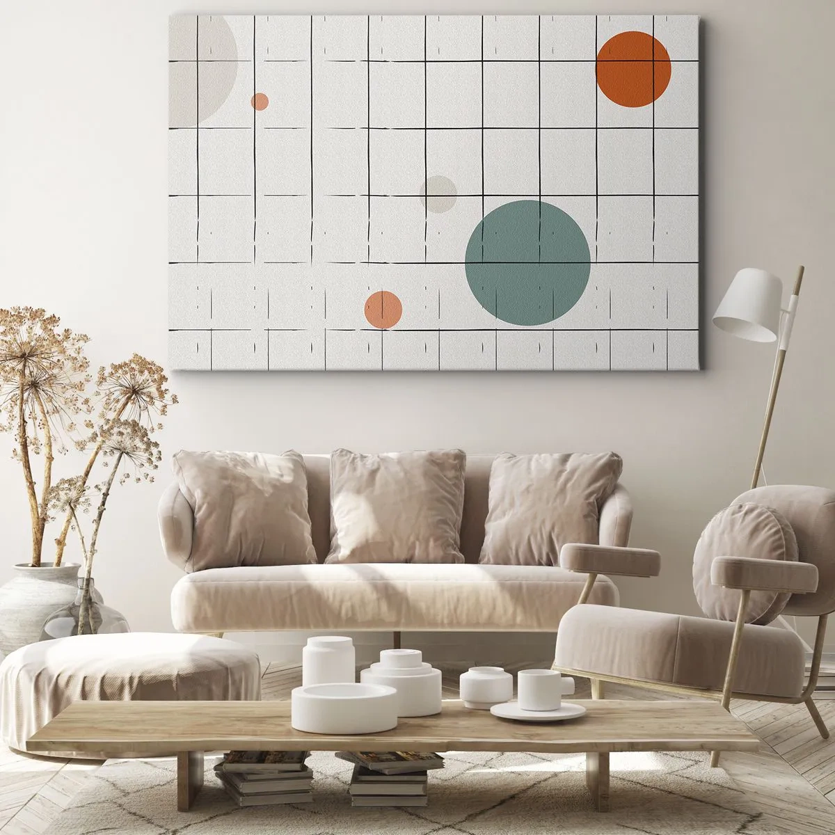 Impression sur toile - Image sur toile - Cercles colorés abstraits sur un fond de grille géométrique - 120x80cm - Piégé. Nous ou eux ? - Décoration murale moderne pour le salon et la chambre ARTTOR