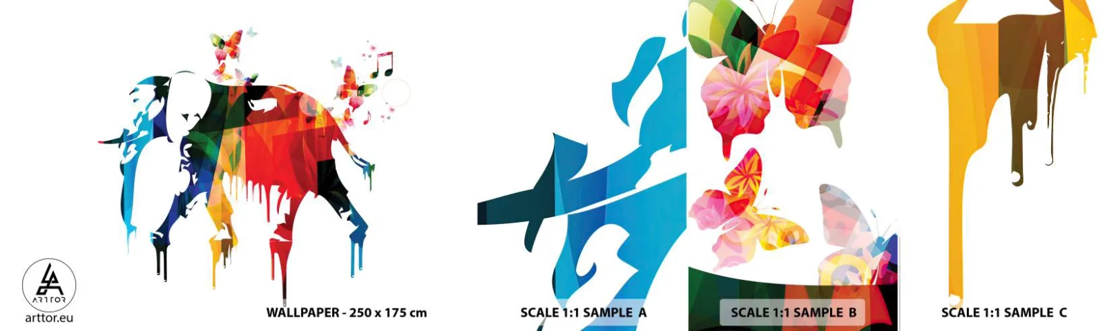 Échantillon de Papier Peint Autocollant Deluxe Sticker - Tout le monde peut danser - Abstraction, Éléphant, Papillon - 100x30 cm