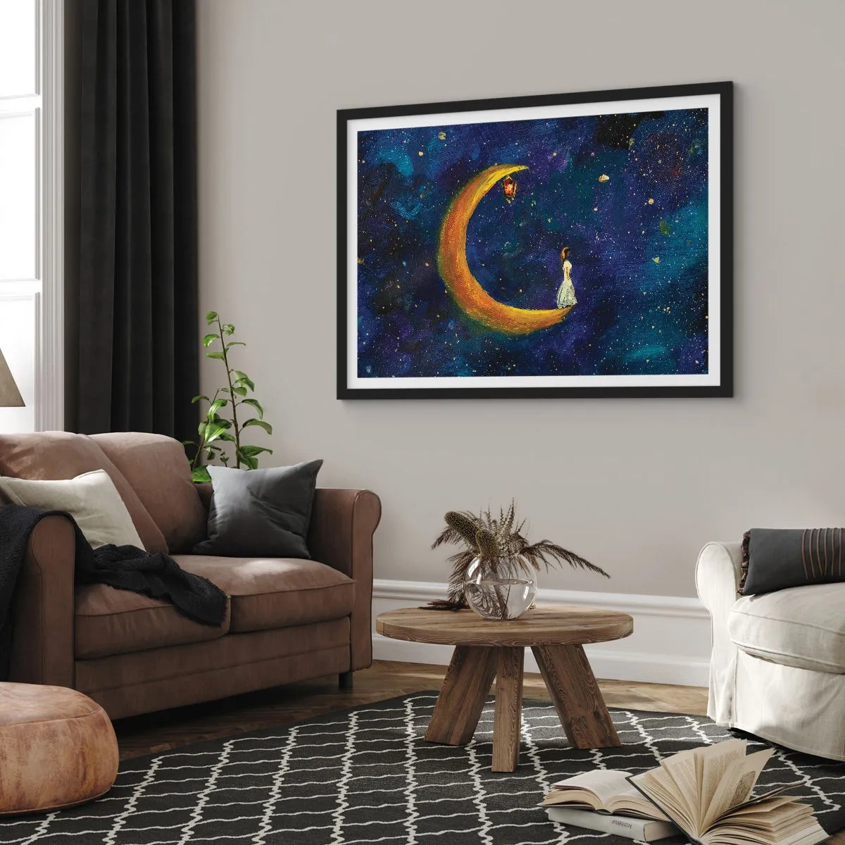 Affiche dans un cadre noir - Poster - Une fille debout sur la lune dans un ciel étoilé - 70x50cm - Appel du monde - Décoration murale moderne pour le salon et la chambre ARTTOR