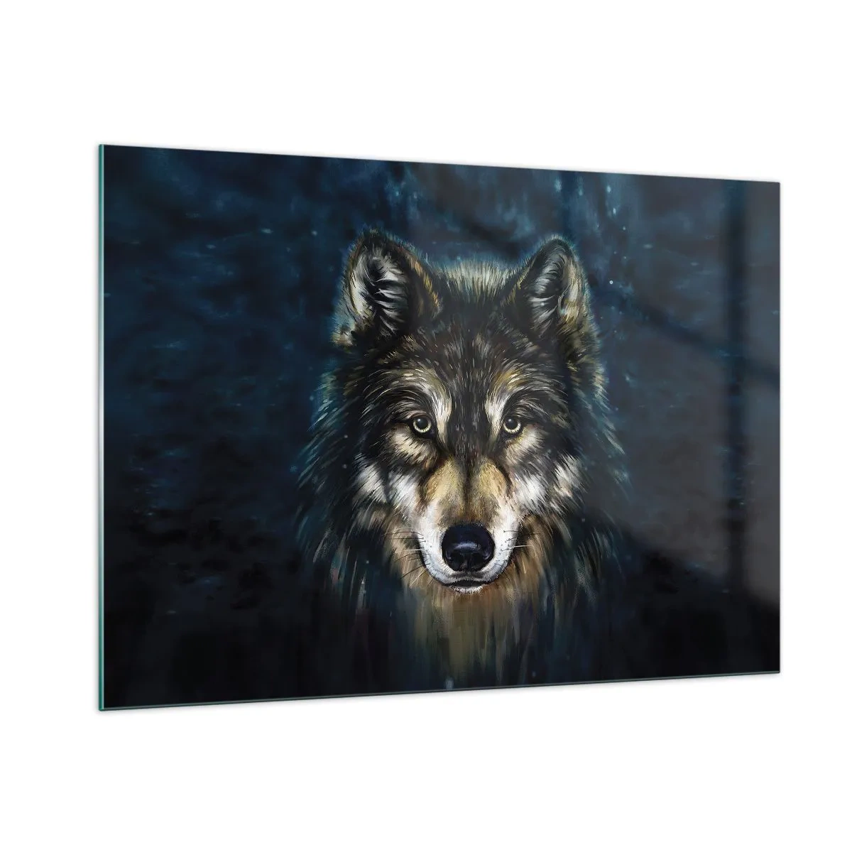 Impression sur verre - Image sur verre - Un loup sur un fond sombre et forestier dans un style réaliste. - 100x70cm - Alpha? Et oméga - Décoration murale moderne pour le salon et la chambre ARTTOR