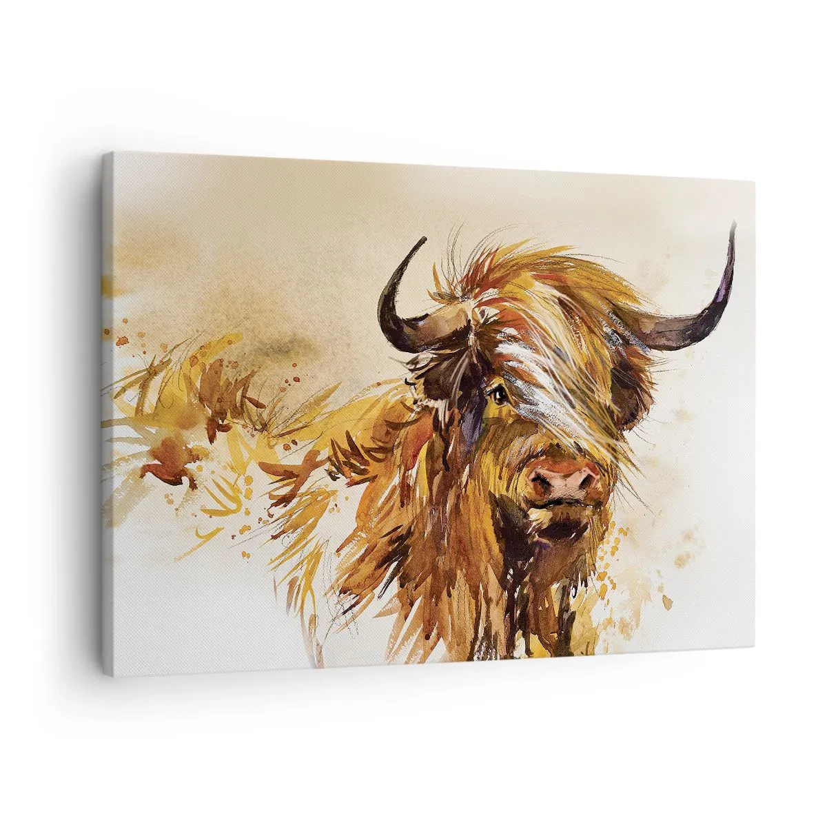 Impression sur toile - Image sur toile - Portrait d'un taureau dans un style aquarelle artistique - 70x50cm - Fierté du chasseur - Décoration murale moderne pour le salon et la chambre ARTTOR