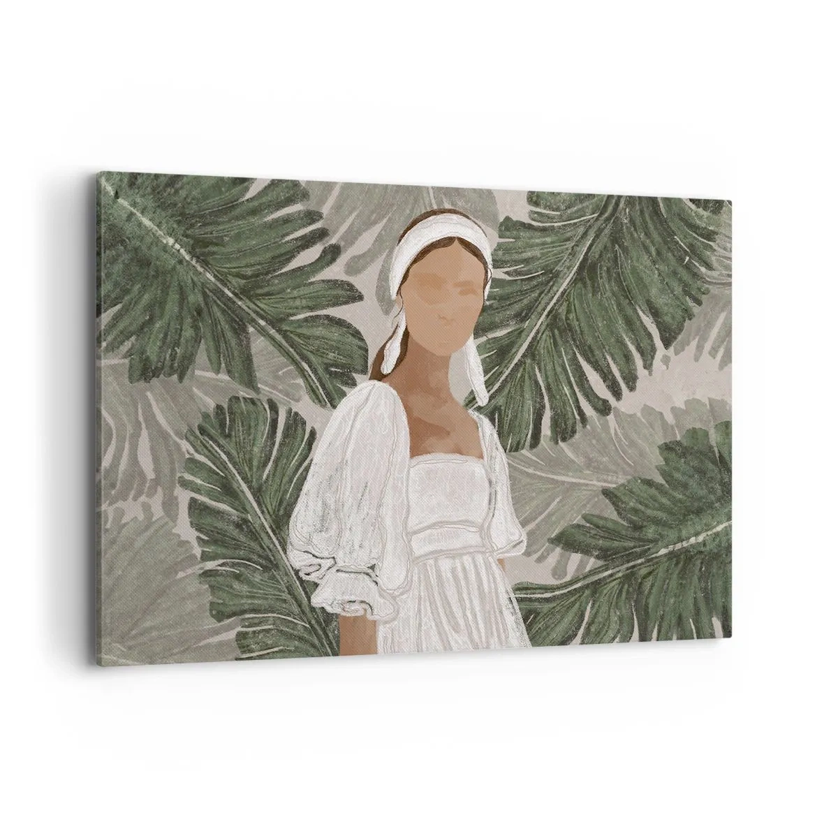 Impression sur toile - Image sur toile - Portrait d'une femme en robe blanche sur fond de feuilles de monstera - 120x80cm - Portrait exotique - Décoration murale moderne pour le salon et la chambre ARTTOR