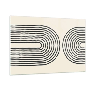 Impression sur verre - Image sur verre - Une peinture abstraite en noir et blanc représentant des lignes en forme d'arc. - 120x80cm - Dans un instant... - Décoration murale moderne pour le salon et la chambre ARTTOR