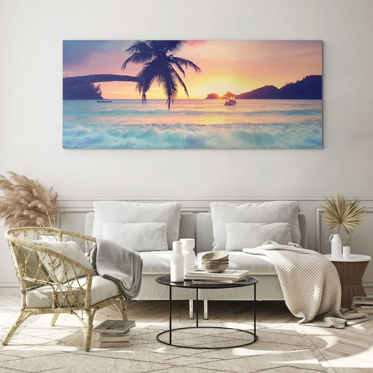Impression sur verre - Image sur verre - Plage avec un palmier et un coucher de soleil sur l'océan - 120x50cm - Une soirée à la baie - Décoration murale moderne pour le salon et la chambre ARTTOR
