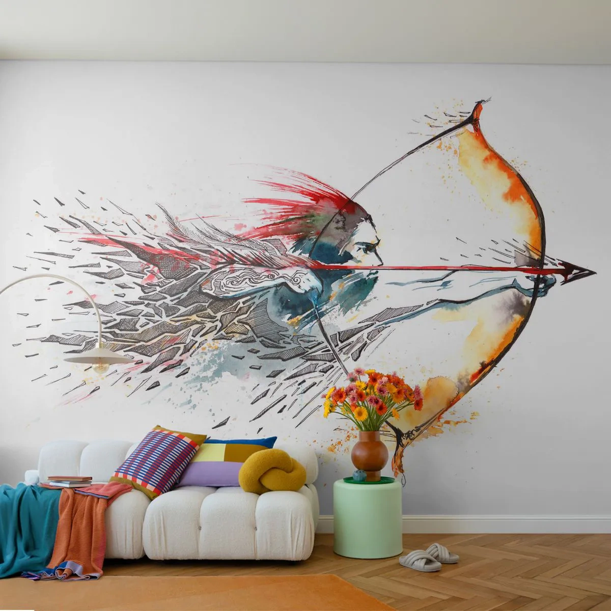Papier Peint Autocollant Deluxe Sticker - Guerrier mythique avec un arc de feu - Abstraction, Tireur, Tir à l'arc - 250x175 cm