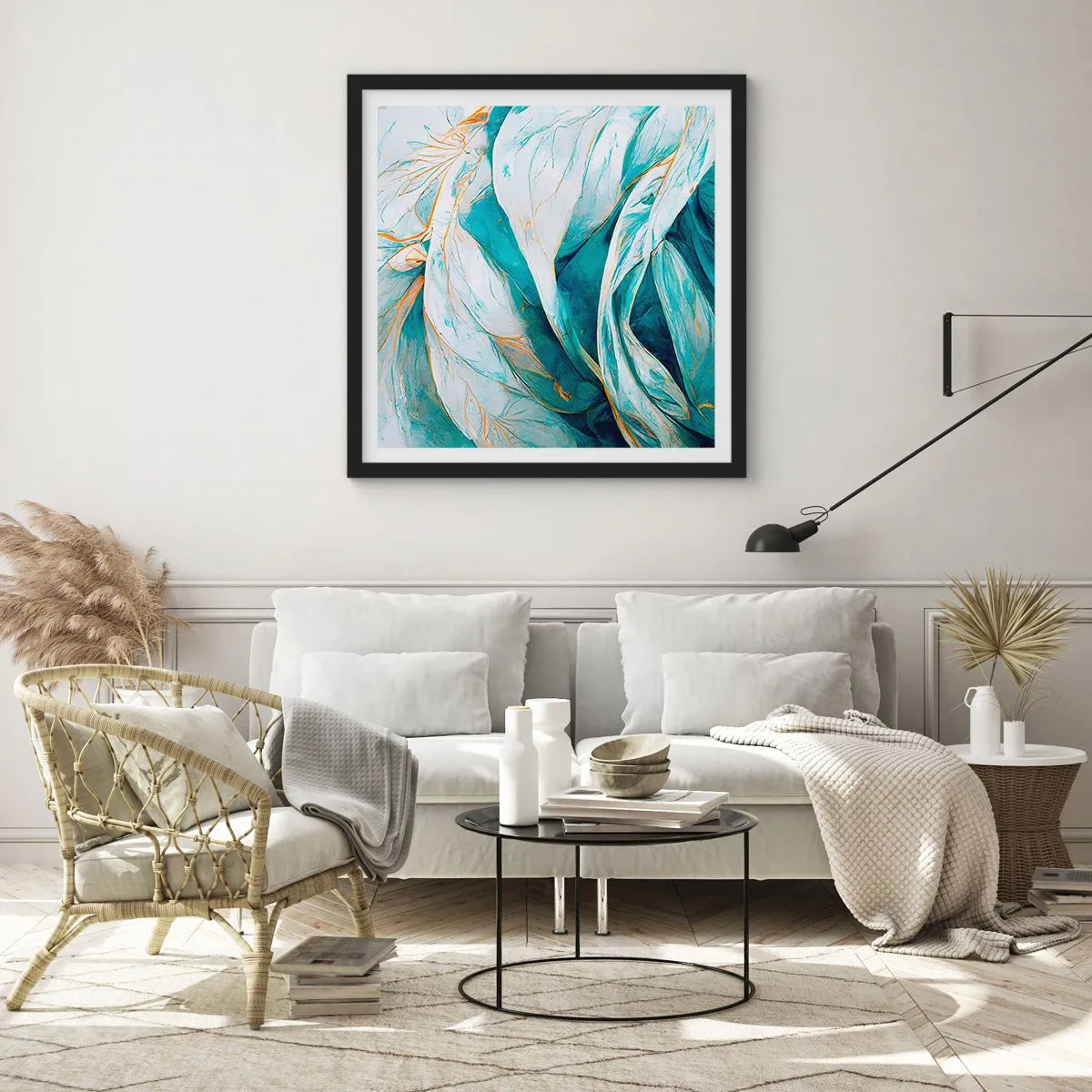 Affiche dans un cadre noir - Poster - Abstraction bleue avec un motif doré - 30x30 cm