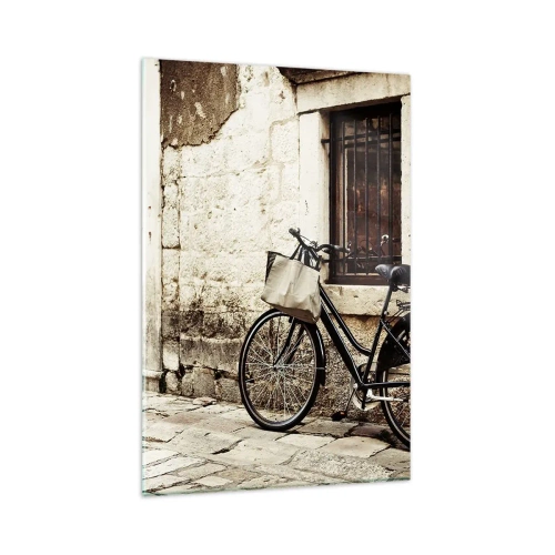 Impression sur verre - Image sur verre - Un vélo contre un mur de pierre avec une fenêtre et une porte de style rétro - 80x120cm - Retour au passé - Décoration murale moderne pour le salon et la chambre ARTTOR