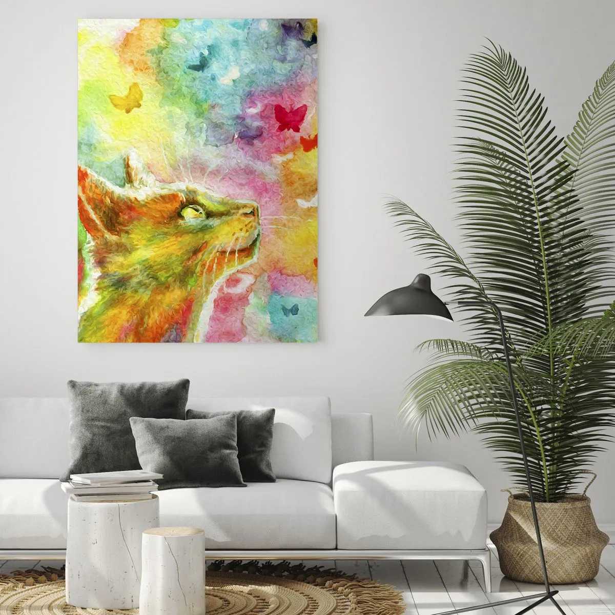 Impression sur verre - Image sur verre - Un chat observant des papillons colorés sur un fond pastel. - 50x70cm - Bayou-bayou au paradis des chats - Décoration murale moderne pour le salon et la chambre ARTTOR