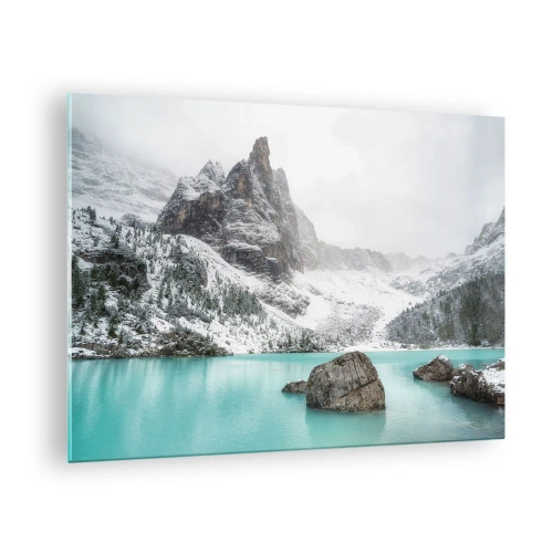 Impression sur verre - Image sur verre - Paysage d'hiver avec un lac turquoise - 70x50cm - Sur ses gardes - Décoration murale moderne pour le salon et la chambre ARTTOR