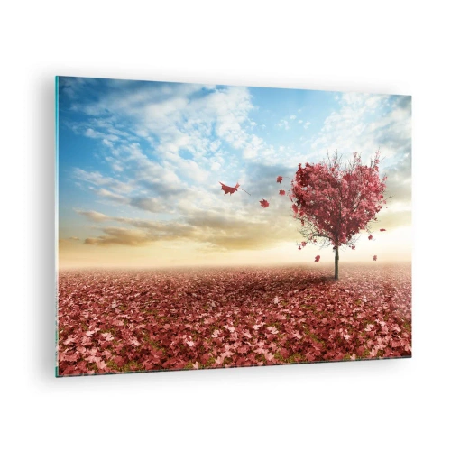 Impression sur verre - Image sur verre - Un arbre en forme de cœur sur un champ de feuilles rouges - 70x50cm - Vous allez aussi aimer l'automne - Décoration murale moderne pour le salon et la chambre ARTTOR