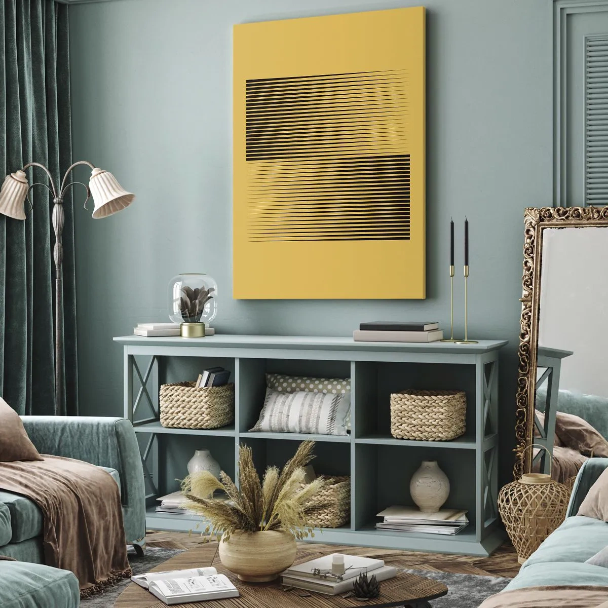 Impression sur toile - Image sur toile - Lignes noires verticales sur fond jaune - 50x70cm - Cadre opposé - Décoration murale moderne pour le salon et la chambre ARTTOR