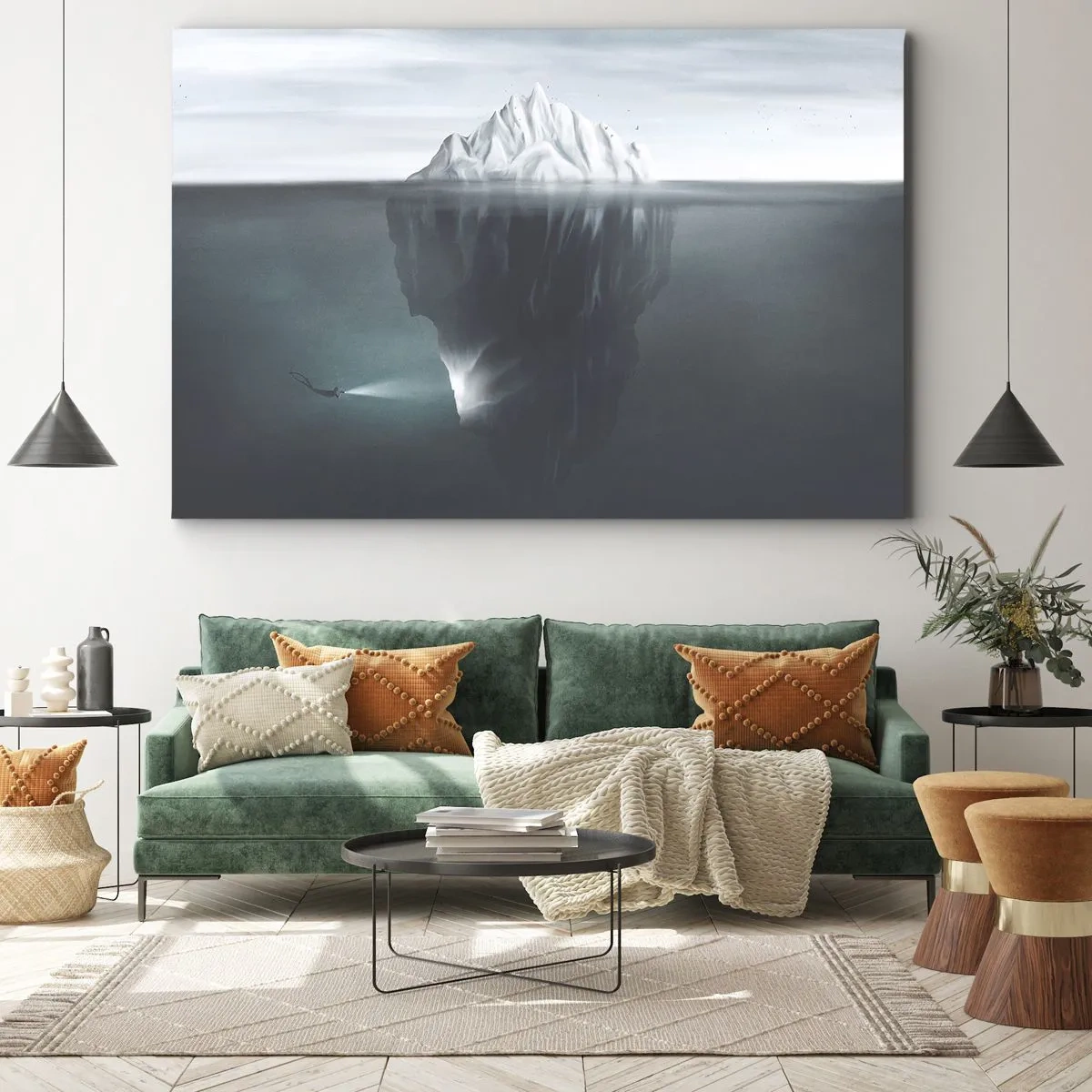 Impression sur toile - Image sur toile - Un iceberg dans l'eau avec un plongeur et un projecteur sous la surface. - 70x50cm - Mystère sous-marin - Décoration murale moderne pour le salon et la chambre ARTTOR