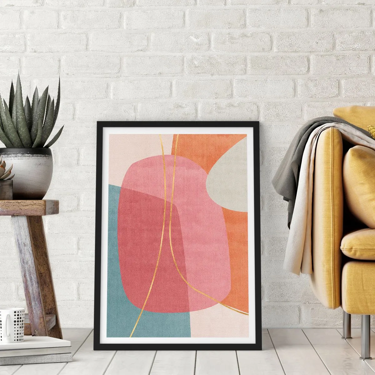 Affiche dans un cadre noir - Poster - Composition pastel au fil d'or - 61x91 cm