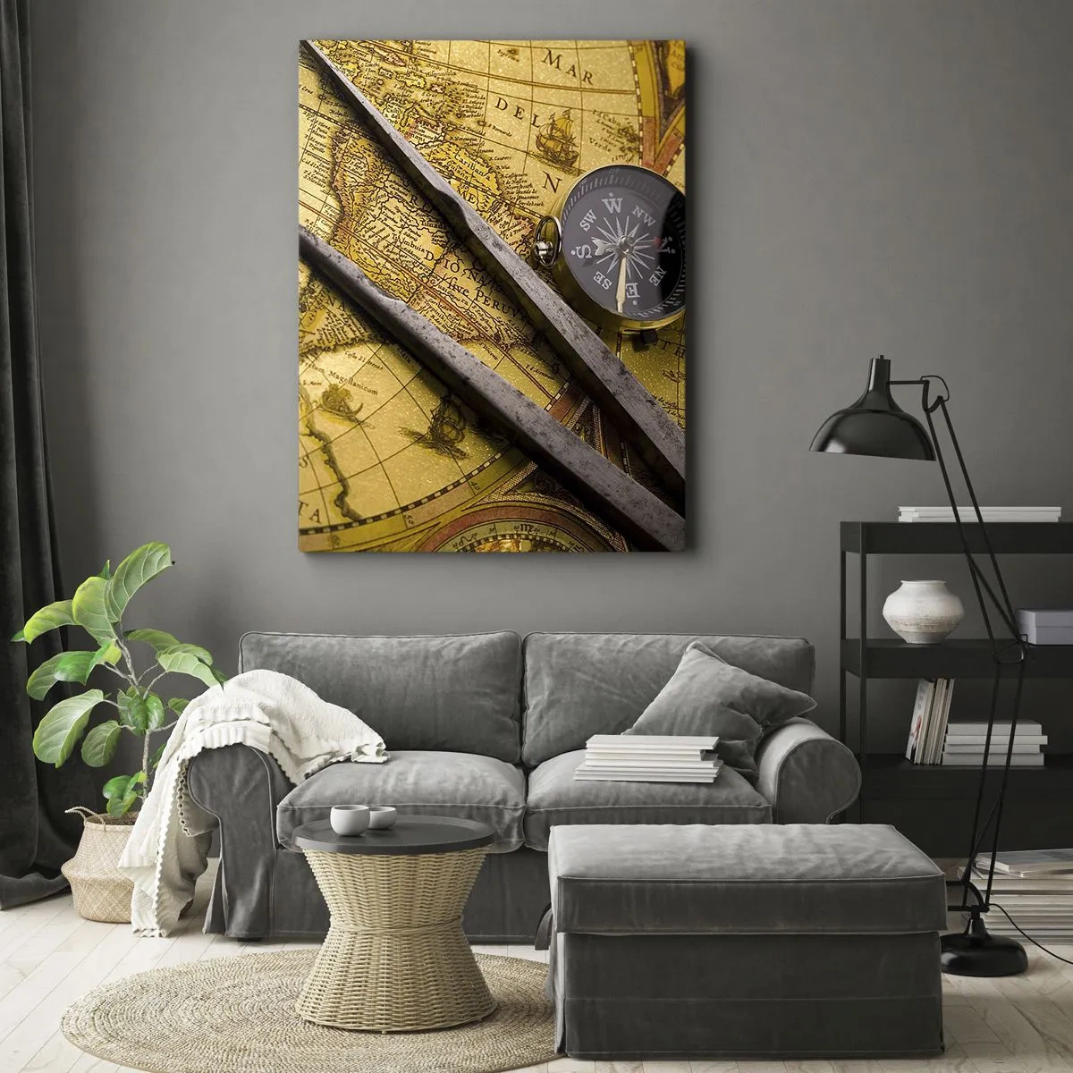 Impression sur toile - Image sur toile - Une carte du monde antique avec une boussole et un compas en arrière-plan - 50x70cm - Où sont ces trésors? - Décoration murale moderne pour le salon et la chambre ARTTOR
