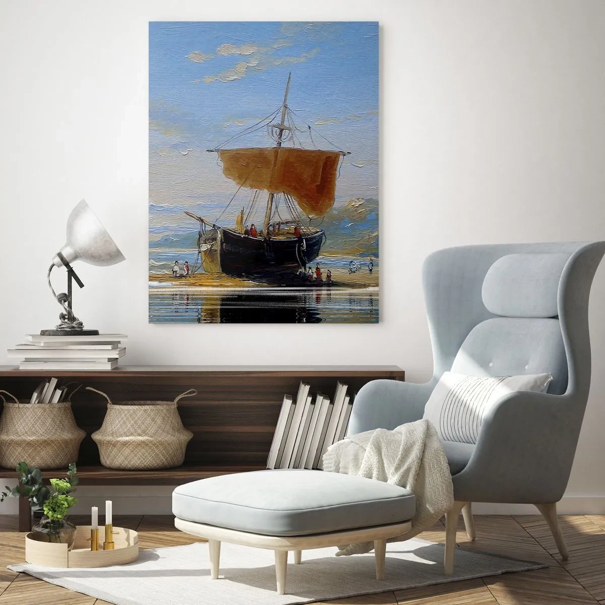 Impression sur verre - Image sur verre - Un navire avec une voile au bord de la mer dans un style pictural - 50x70cm - Eau, terre, air - Décoration murale moderne pour le salon et la chambre ARTTOR
