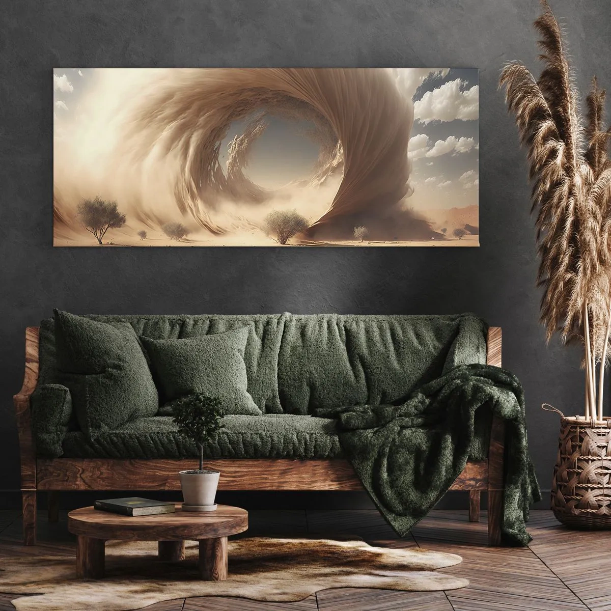 Impression sur toile - Image sur toile - Tourbillon de sable dynamique dans un désert avec des arbres - 160x50cm - Portail ouvert - Décoration murale moderne pour le salon et la chambre ARTTOR