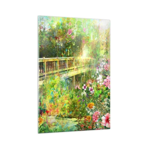Impression sur verre - Image sur verre - Un pont entouré d'une végétation luxuriante et de fleurs - 80x120cm - Le soupire d'un pont de printemps - Décoration murale moderne pour le salon et la chambre ARTTOR