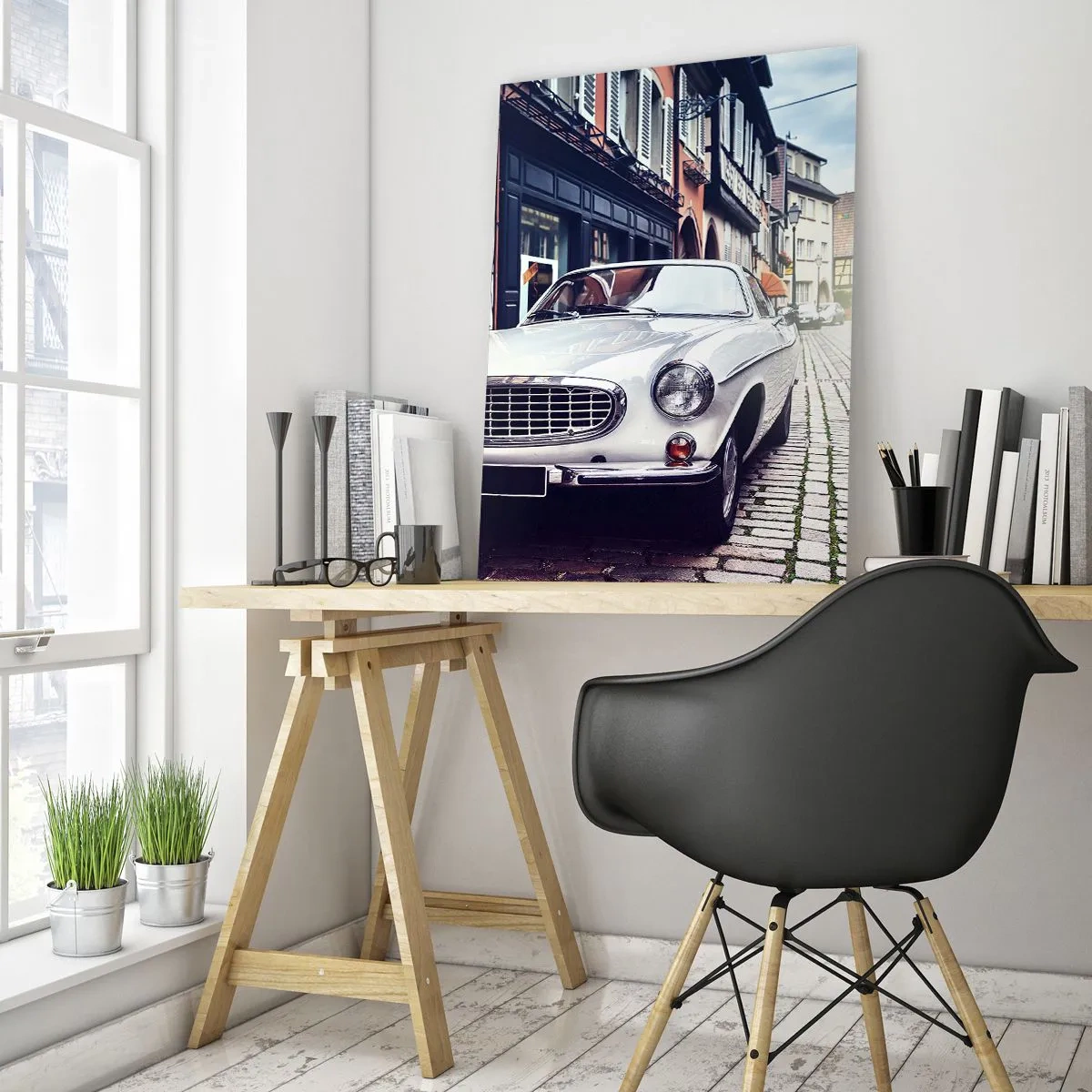 Impression sur verre - Image sur verre - Une voiture blanche classique dans une rue pavée de la ville - 70x100cm - Le passé est aujourd'hui - Décoration murale moderne pour le salon et la chambre ARTTOR