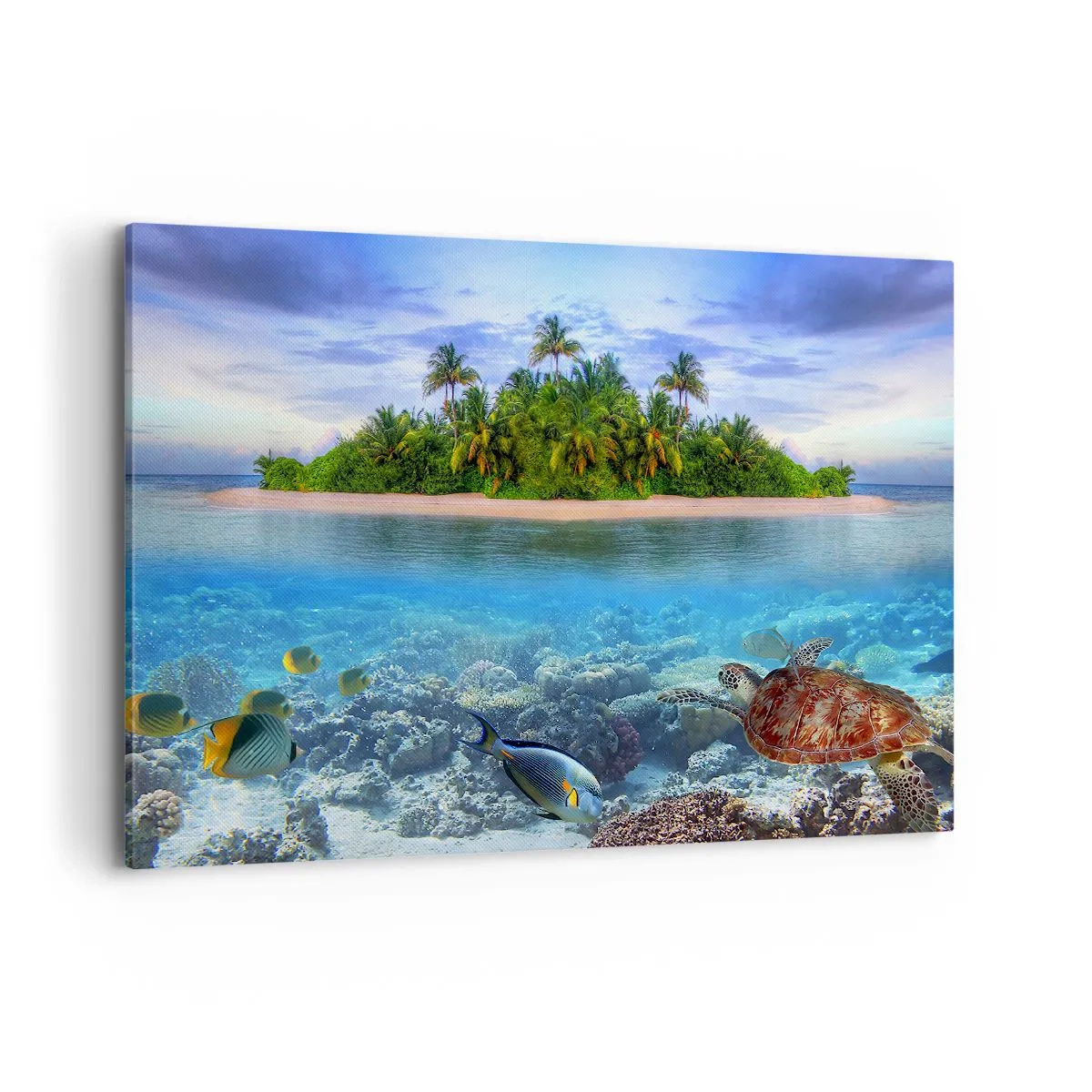 Impression sur toile - Image sur toile - Une île tropicale entourée d'un océan turquoise avec un récif de corail et des poissons. - 120x80cm - L'île céleste vous invite - Décoration murale moderne pour le salon et la chambre ARTTOR