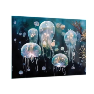 Impression sur verre - Image sur verre - Les méduses dans la danse lumineuse du monde sous-marin - 70x50cm - Ballon sous-marin - Décoration murale moderne pour le salon et la chambre ARTTOR